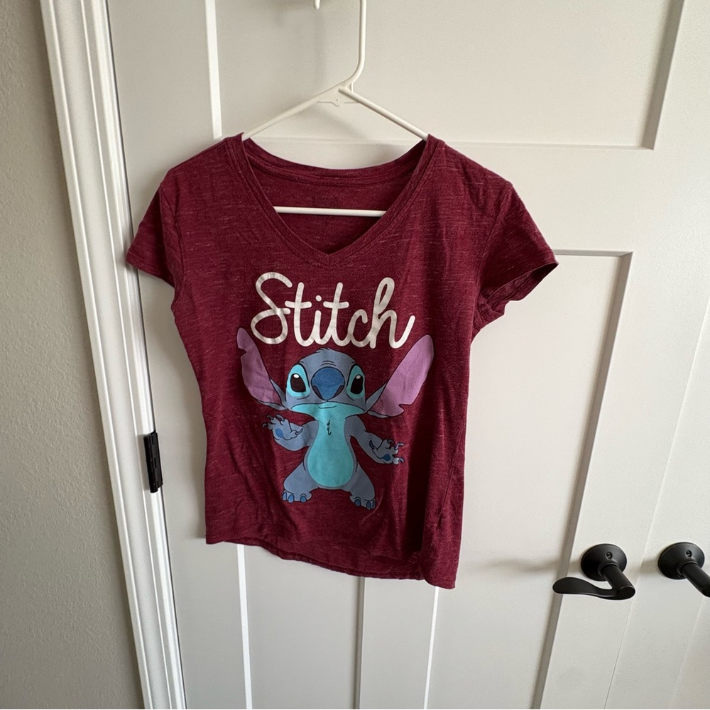 Ladies, small, stitch, Disney, V-neck, maroon, School, Teacher, short sleeve